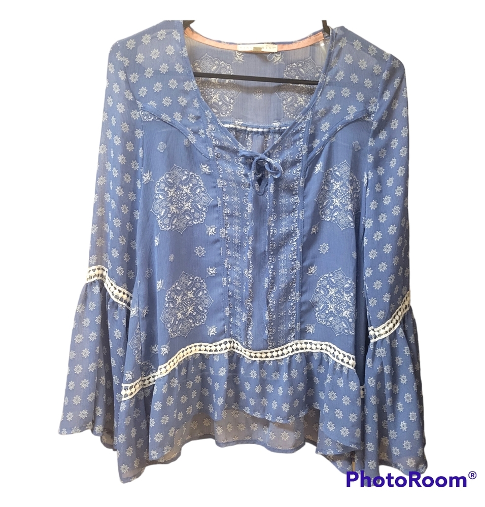 Sheer Blue Boho Blouse Flared Sleeves Hint of Mint Small